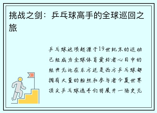 挑战之剑：乒乓球高手的全球巡回之旅